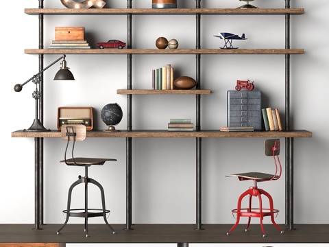  工业风双人管道书桌带置物架3d模型 