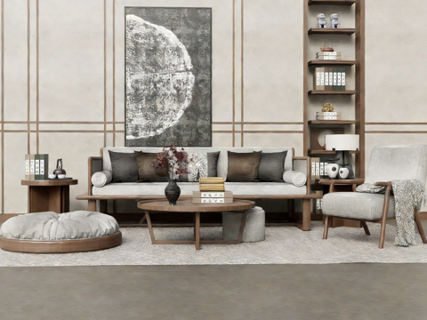  新中式沙发茶几组合 浅灰色布艺沙发 木质书架 置物架 满墙书su模型 