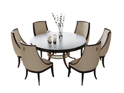 美式餐桌椅 餐椅 圆形餐桌su模型