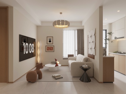  现代公寓客厅 公寓餐桌 吊灯 厨房3d模型 