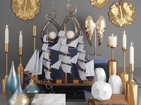  花瓶、船只与摆件装饰套装3d模型 