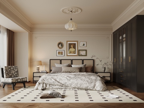  法式复古风卧室 衣柜 双人床 床头柜su模型 