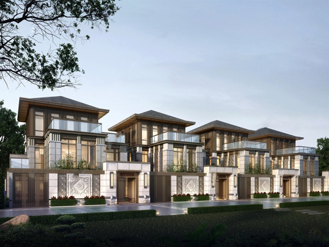 新中式联排别墅 斜顶su模型