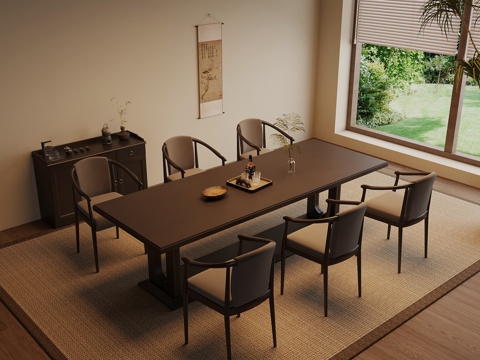 新中式餐桌椅 实木条形餐桌su模型