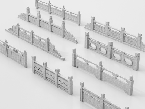 中式石材栏杆 护栏 围栏 雕花栏杆 石桥栏杆造型su模型