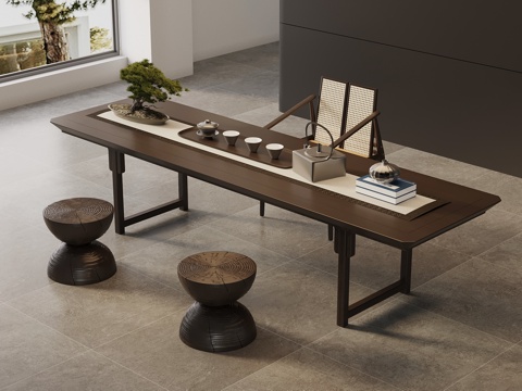 新中式茶桌椅 实木茶桌su模型