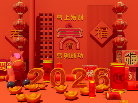  现代新春美陈 春节马年美陈 新年美陈 2026春节美陈3d模型 