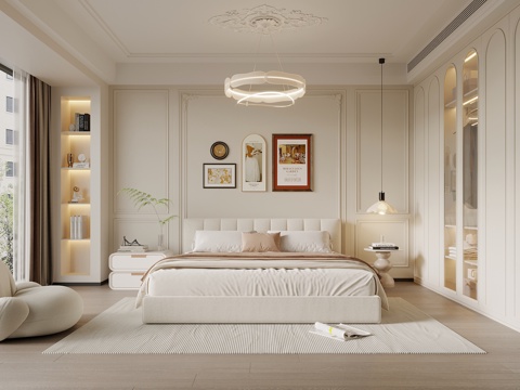  法式奶油风卧室 双人床 床头柜 衣柜3d模型 