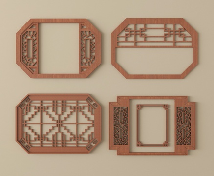 新中式镂花窗 仿古漏窗 窗花 镂空窗格 景墙花格窗su模型