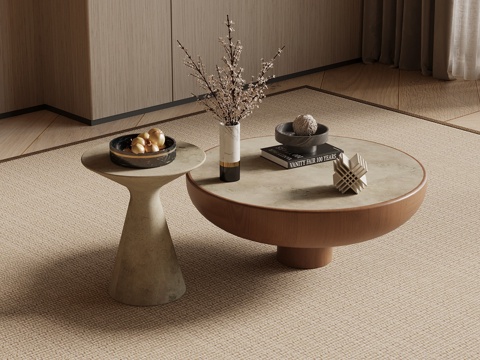  中古风茶几 圆形茶几 子母茶几3d模型 