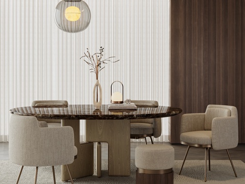 MINOTTI 现代意式餐厅 餐桌椅 大理石餐桌 布艺餐椅su模型