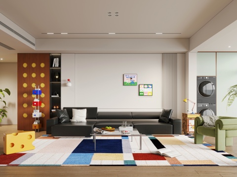  现代中古风客厅 多巴胺客厅 横厅 大平层3d模型 