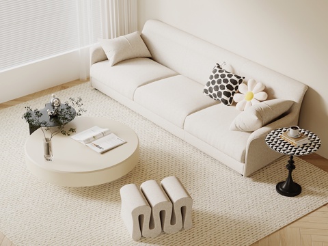  现代奶油风沙发组合 茶几 边几 三人沙发3d模型 