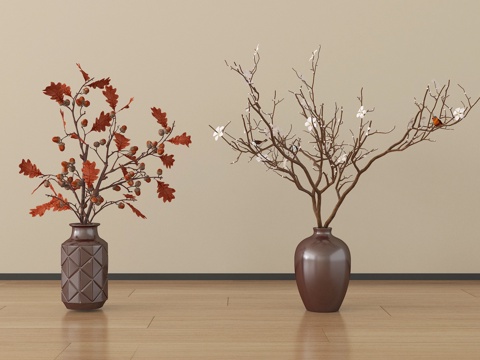  侘寂花瓶花艺 陶罐摆件su模型 