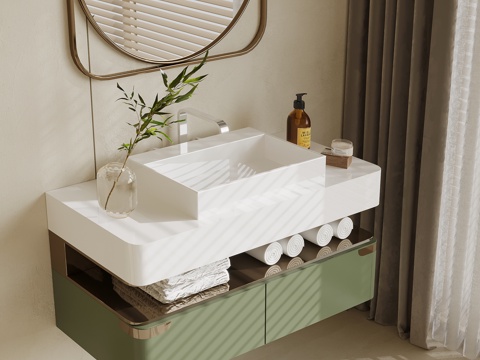 现代奶油风浴室柜 洗手台 镜子su模型