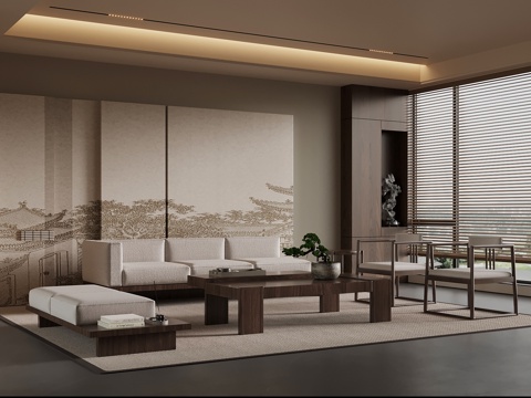 新中式沙发茶几组合su模型