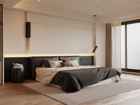  现代意式卧室 双人床 床头柜3d模型 