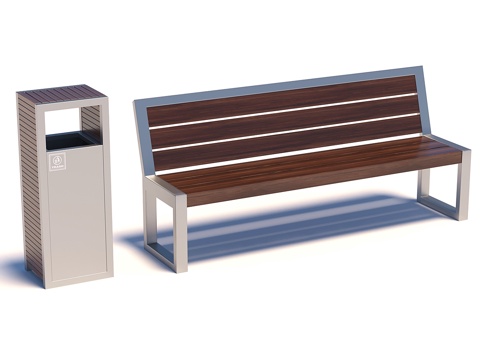  带垃圾桶的街道长椅3d模型 