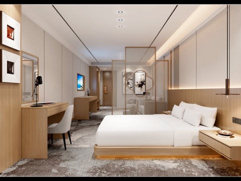  现代风格酒店客房 简略 床 隔断3d模型 