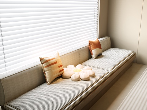 现代飘窗柜 飘窗 中古风坐垫 坐垫 百叶帘 窗帘 现代飘窗垫su模型