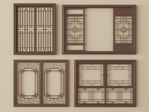 新中式镂花窗 雕花窗 花格窗 木质窗su模型