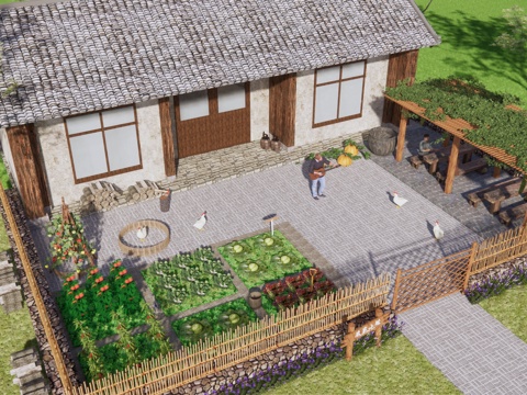  新中式乡村农家小院 蔬菜种植su模型su模型 