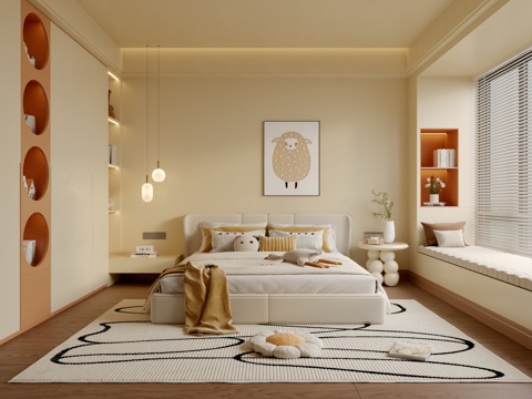  现代奶油风儿童房3d模型 