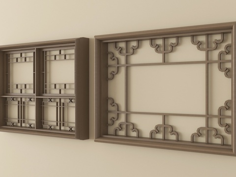  新中式镂花窗 雕花窗 花格窗 木质窗3d模型 