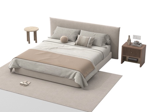  现代双人床 布艺双人床 床头柜 床品 地毯3d模型 