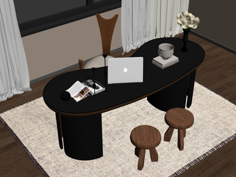 奶油风茶几su模型