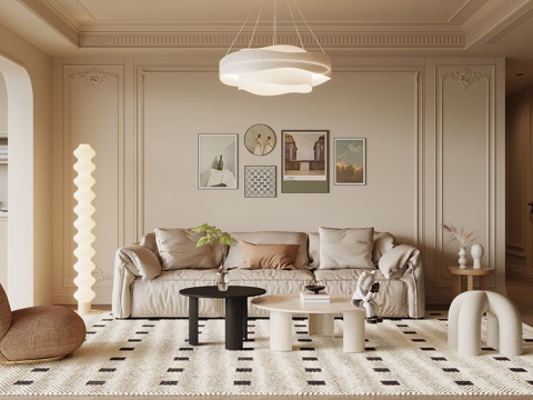  现代奶油风客厅 沙发背景墙 沙发茶几组合3d模型 