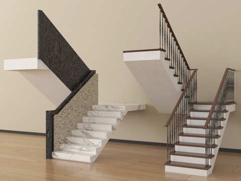  现代楼梯扶手梯 楼梯栏杆护栏 转角楼梯台阶梯级3d模型 