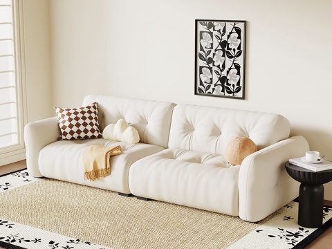  现代奶油双人沙发 法式双人沙发 边几 挂画su模型 