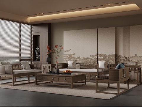 新中式沙发茶几组合su模型