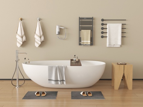  现代浴缸 毛巾架  一体式浴缸 洗浴用品3d模型 