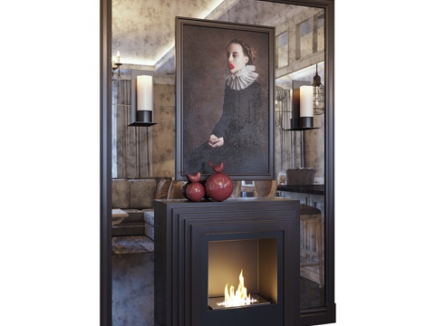  壁炉、壁灯、画作、镜面镶板与红色装饰3d模型 