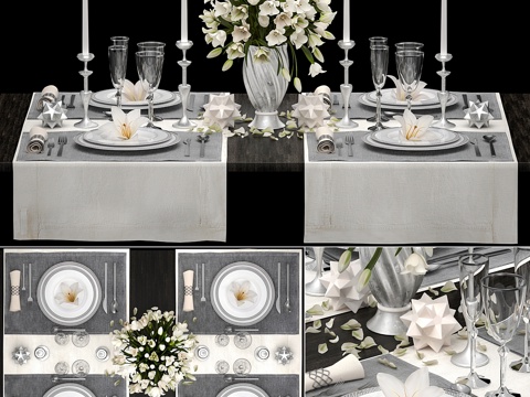  餐桌布置 1. ZARA HOME. 白色花束，白色餐具3d模型 