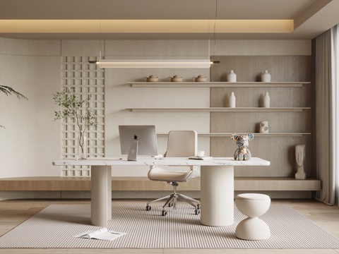  现代奶油风书房 书架 书桌椅3d模型 