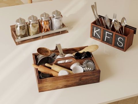  现代复古厨房器具 餐具 调料 置物架 收纳盒su模型 