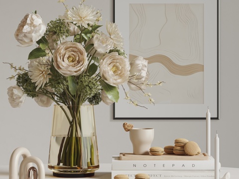  现代奶油风饰品摆件组合 花瓶花艺 书籍 挂画  马卡龙3d模型 