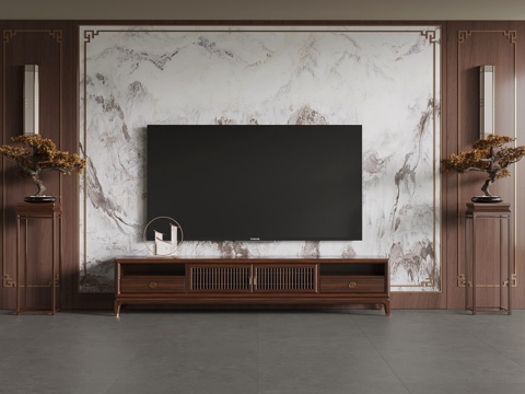  新中式电视柜 电视背景墙su模型 