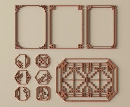 新中式镂花窗 仿古漏窗 窗花 镂空窗格 景墙花格窗su模型