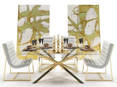  玻璃餐桌配扶手椅与装饰3d模型 