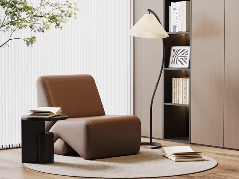 现代意式单人沙发 休闲沙发 落地灯 边几su模型