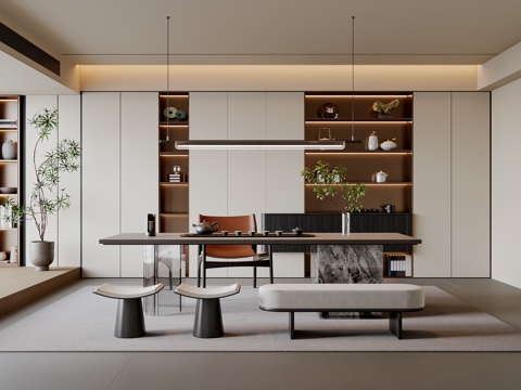 新中式茶室 茶桌椅 茶柜 吊灯 装饰柜 地毯su模型