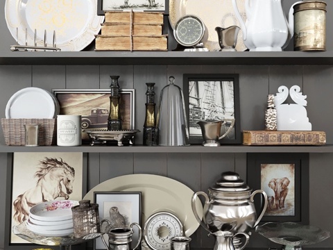  陈列古董装饰、书籍与陶器的架子3d模型 