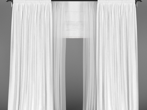  亚麻白纱窗帘+罗马帘3d模型 