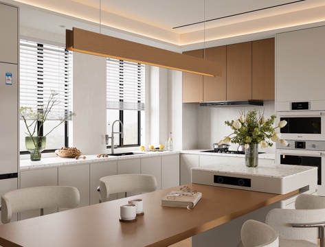 原木风开放式厨房岛台餐厅su模型