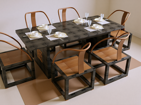 新中式餐桌椅su模型