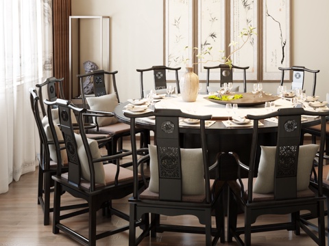  新中式私房菜馆包间餐厅大圆桌3d模型 